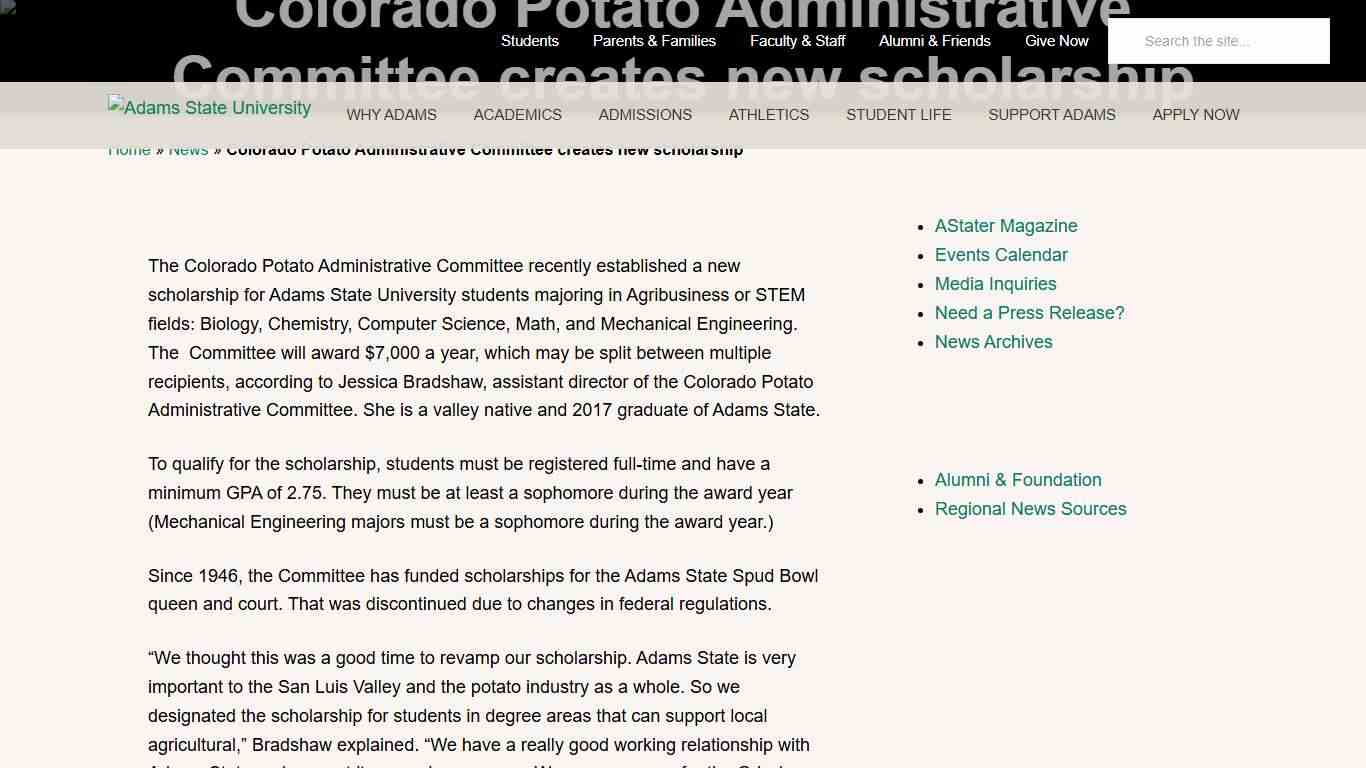 Colorado Potato Administrative Committee creates new scholarship - Adams State University