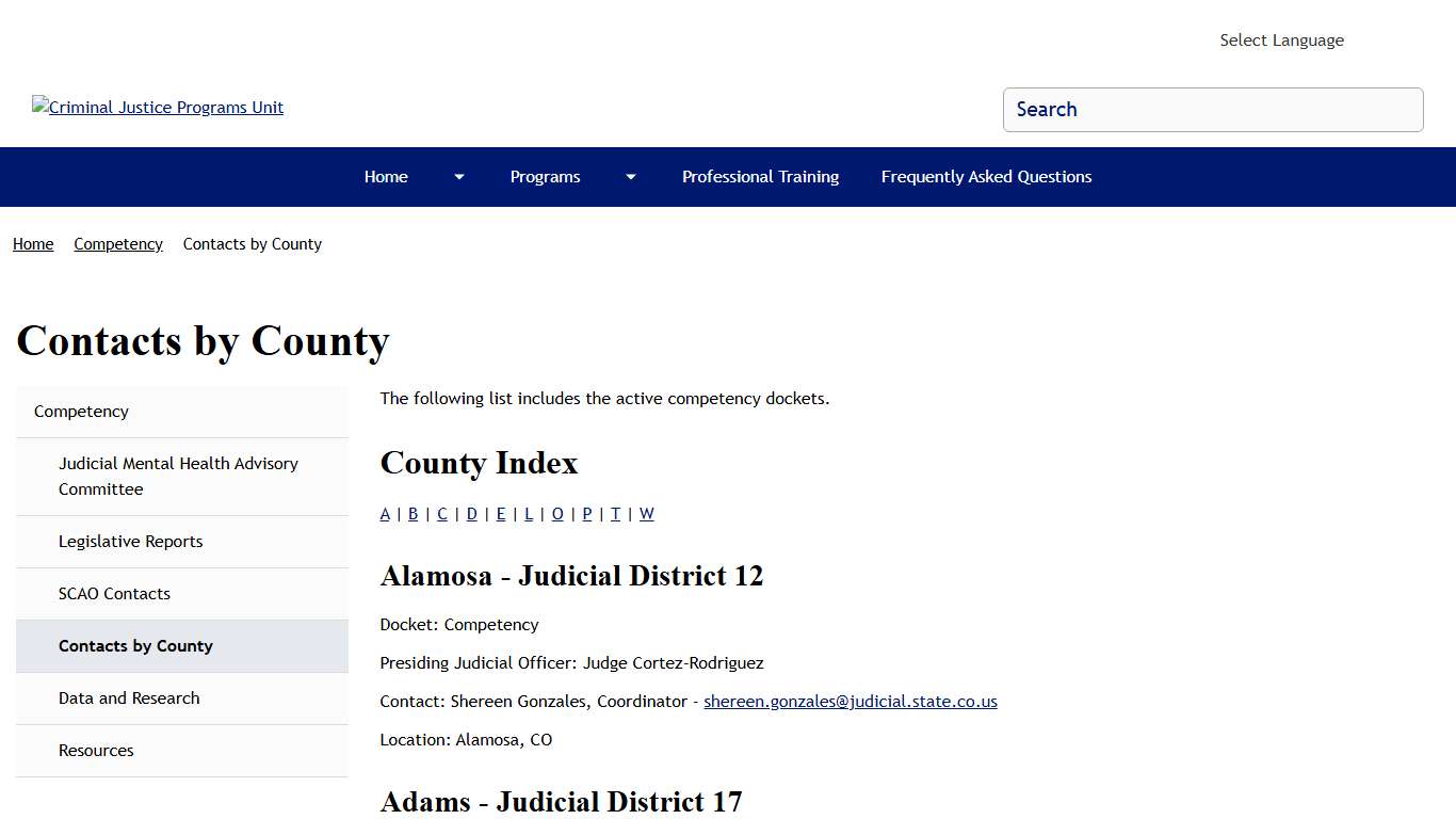 Contacts by County Criminal Justice Programs Unit